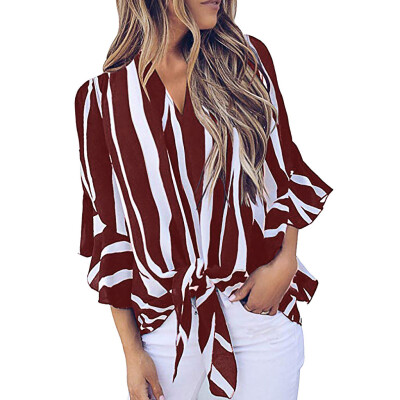 

Starmoon Fashion Womens Striped V-neck Bell Sleeve Shirt Tie Knot Casual Blouses Tops