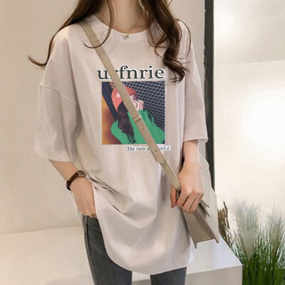 

Women Summer Round Collar Cartoon Print Loose Half Sleeve Casual T-Shirt