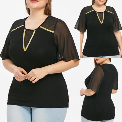 

Roseonmyhand Fashion Women Plus Size Solid O-Neck Short Sleeve Lace Up Top Blouse Tee