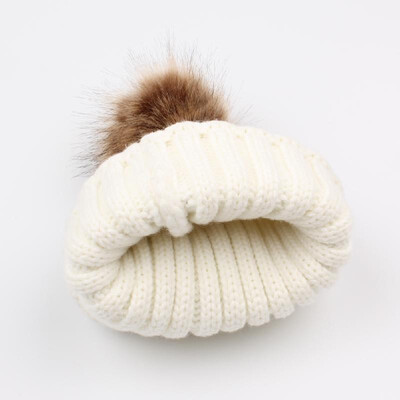 

Kid Girl Thickening Knitted Beanies Hat Dome Autumn Winter Cap Warm Hat Headwear With Ball Of Fluff