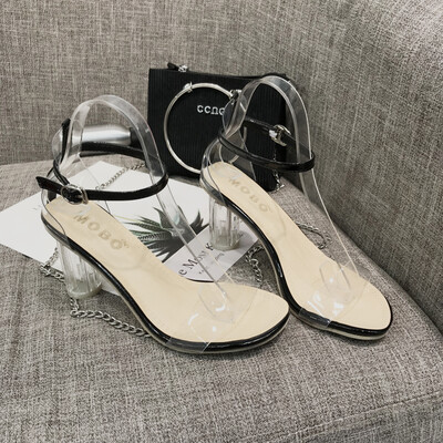

Summer Korean version of 100 sets of one-word buckle thick-heeled open-toed sandals for ladies with transparent heels&ladies w