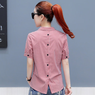 

Womens Simple Plaid Pattern V-Neck Blouse Slim Fit Nipped Waist Short Sleeve Blouses