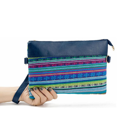 

New Vintage Women Canvas Clutch Bag PU Splice Striped Print Wrist Strap Street Shoulder Handbag