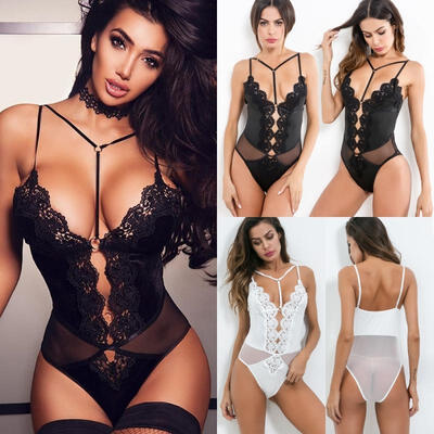 

Fashion women sexy perspective lace low-cut sling V-neck Siamese erotic Lingerie Babydoll G-String Sleepwear Nightwear