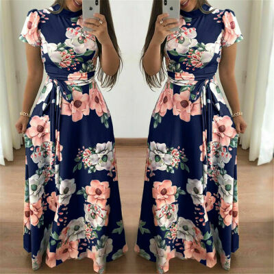 

Womens Summer Boho Floral Short Sleeve Long Maxi Dress Party Beach Sundress