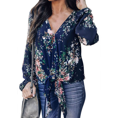 

Womens Autumn Loose Tops Casual V-neck Long Sleeve Printed Tie Up Silky Shirts