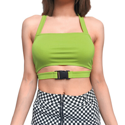 

Ladies Summer Solid Color Hanging Neck Hollow Bag Buckle Camisole Short Section Exposed Navel