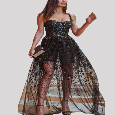 

Solid Sweetheart Cami Sequins Sheer Overlay Busty Full-length Evening Dress