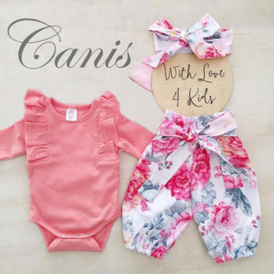 

Newborn Baby Girls Floral Pink Tops Romper Pants Headband Outfits Set Clothes