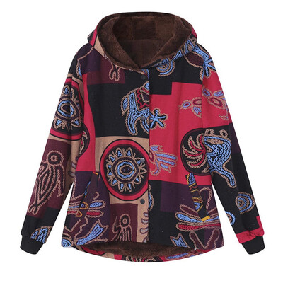 

Toponeto Women Winter Warm Outwear Hooded Floral Print Pocket Vintage Oversize Coat BUL