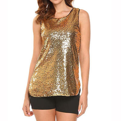 

Women Casual Summer Sleeveless Sexy Vest Bodycon Sequins Round Collar Tops