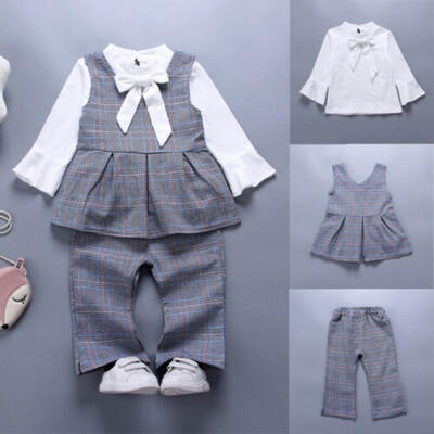 

Elegant Baby Girl Formal Dress Shirt Tops Plaid Vest Dress Pants Outfit 3PCS