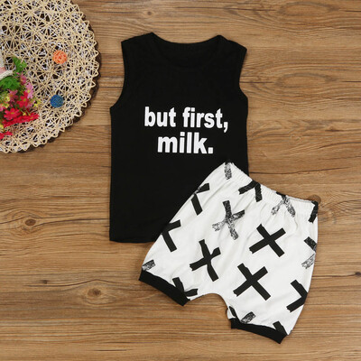 

Kids Baby Sleeveless But First Milk Print T-Shirt TopsPants Clothes Outfits