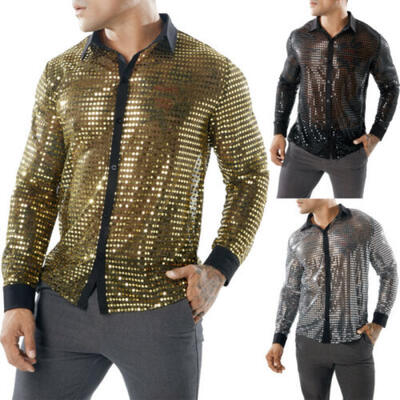 

US Men Fashion Sequins Long Sleeve Shirt Slim Fit Shirts Casual Holiday T-Shirts