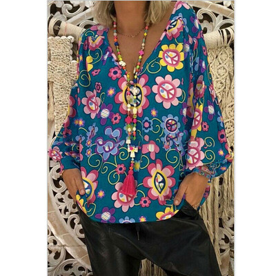 

Women Long Sleeve Boho Floral T Shirt Casual V Neck Tops Loose Blouse Summer