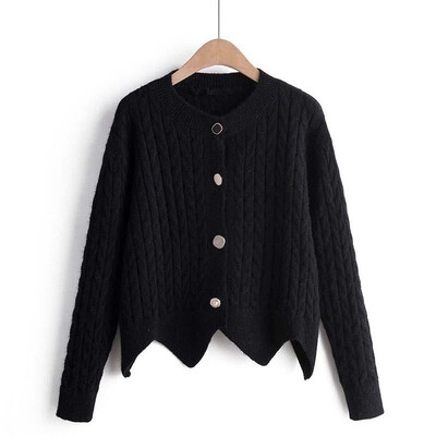 

Women Loose Knitted Cardigan Coat Cute Scalloped Hem Buttons Front O Neck Long Sleeves Cable Knitting Sweater Casual Coat