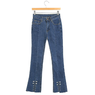 

Fashion Women High Waist Peal Flare Jeans Zipper Button Split Hem Slim Denim Trousers Pants Blue