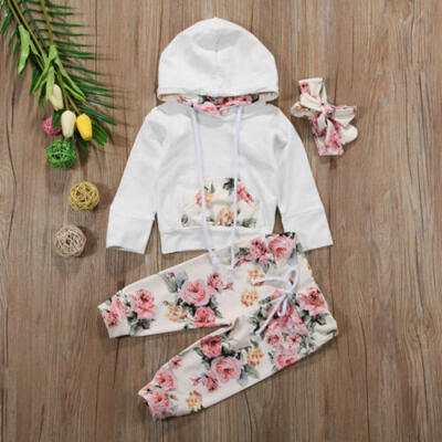 

US Toddler Kids Baby Girl Hooded Tops Floral Pants Leggings 3PCS Outfits Clothes