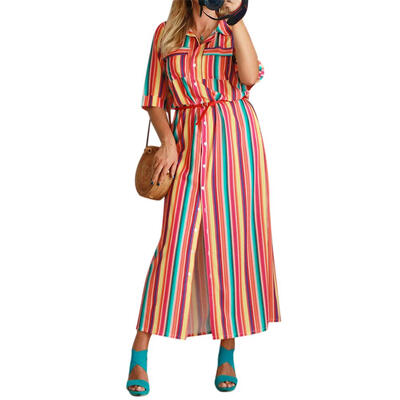 

Women Button Striped Print Shirt Dress Short Sleeve Summer Boho Maxi Dress