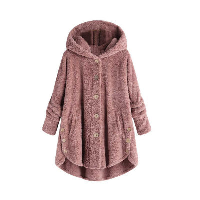 

Womens Wool Blend Fashion Button Coat Fluffy Turn-down Collar Outwear Jacket Casual Tops Hooded Pullover Loose Sweater