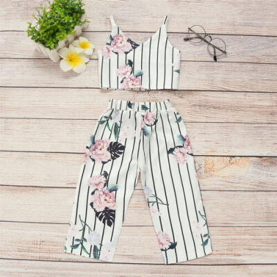 

USA 2PCS Toddler Kids Baby Girl Flower Crop Tops Shorts Dress Outfits Sunsuit