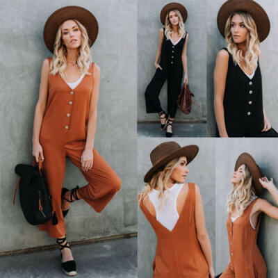 

AU Womens Sleeveless Dungaree Jumpsuit Playsuit Loose Romper Overall Harem Pants