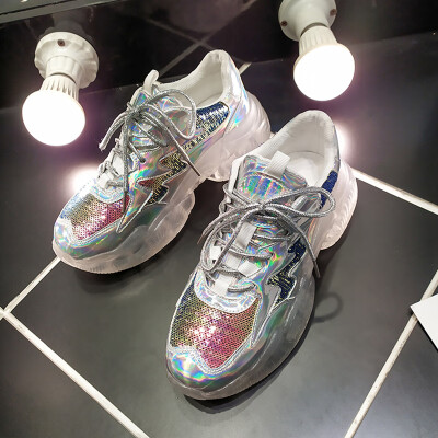 

European Station Spring Korean Edition Thick Jelly Bottom Mesh Breathable Laser Lace Sports Shoes Tide