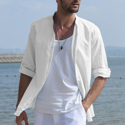

Toponeto Mens Baggy Linen Blend Solid Color Three Quarter Sleeve Stand Collar Shirts