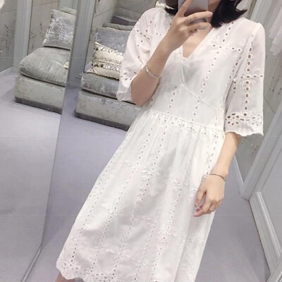 

Women Fashion Casual Strap Long Over The Knee Hollow Lace Decoration Maternity Dress