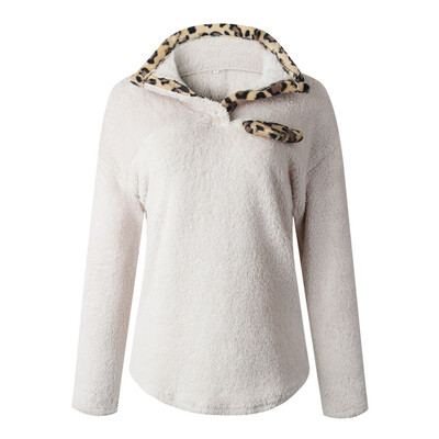

Hoody Women Sexy Leopard Button Long Sleeve Plush Sweatshirt Zipper Stitching Casual Warm Winter Autumn Loose Tops Apricot Green