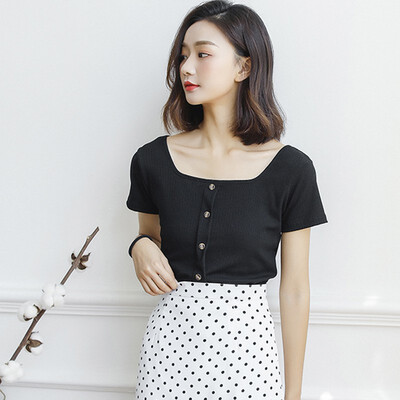 

Knit short sleeve square collar T-shirt Women Vintage O-neck Short sleeve Slim Fit t-shirt tight Summer Autumn Top Female