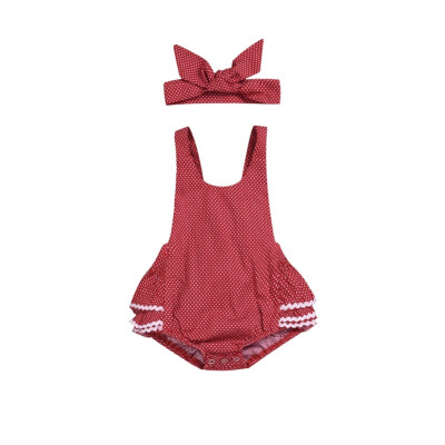 

Summer Baby Girl Red Casual Dots Set Sling Romper Skirt Tops Halter Outfits And Bowknot Headband