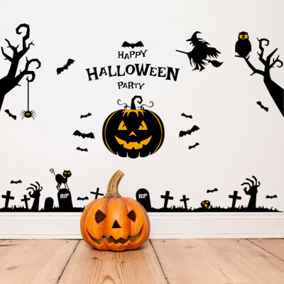 

Happy Halloween Wall Decals Pumpkins Spooky Cemetery Witch&Bats Tomb Wall Stickers for Halloween Decoration