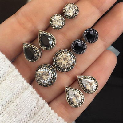 

5Pairs Set Boho Arrow Cross Moon Flower Gem Silver Earrings Set Women Punk Stud Earrings Set Personality Party Clothing Jewelry