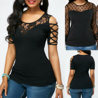 

Womens Cold Shoulder Lace T Shirts Ladies Summer Casual Blouse Tops Shirt Black