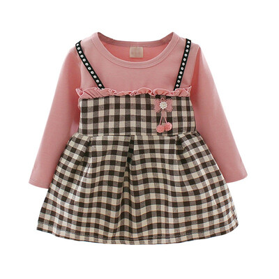 

Autumn Baby Girls Dress Fake 2 pcs Casual Plaid Print Long Sleeve Kids Princess Sundress Clothes 3-36M