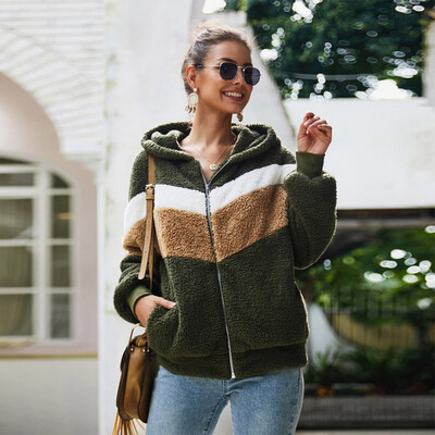 

Women Color Matching Hat Collar Long Sleeve Zipper Casual Warm Winter Autumn Sweater Loose Tops