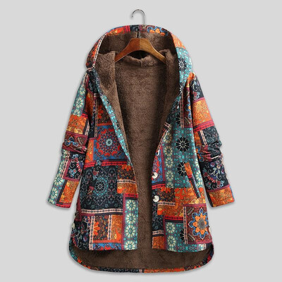 

Women Vintage Loose Hooded Coat Floral Printed Fleeces Lining Buttoned Plus Size Winter Warm Parka Casual Long Coat Outwear