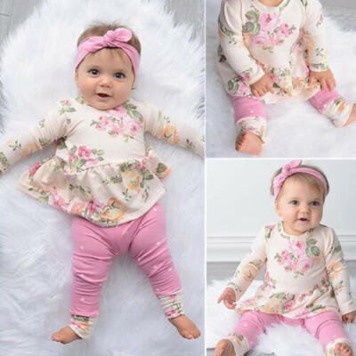 

US Stock Newborn Baby Girls Floral Tops Dress Pants Leggings 3pcs Outfit Clothes