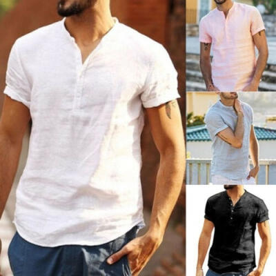 

Men&39s Linen Short Sleeve Summer Solid Shirts Casual Loose Dress Soft Tops Tee