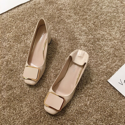 

Single shoe female summer Korean fashion Joker thick heels metal buckle square head shallow mouth career work shoes