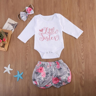 

3PCS Newborn Baby Girls Little Sister Long Sleeve Romper Florsl Short Leggings Pants Headband Outfit Clothes Set