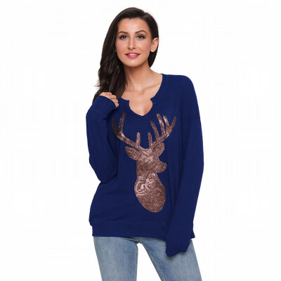 

V-neck long-sleeved reindeer pattern sequined shirt casual straight top