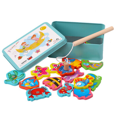 

Gobestart 15Pcs Fish Wooden Magnetic Fishing Toy Set Fish Game Educational Fishing Toy