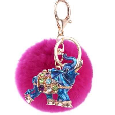 

Soft 8CM Rex Rabbit Hair Ball Diamond Alloy Elephant Keychain Lovers Bags Mobile Phone Accessories