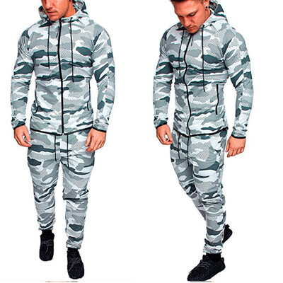 

Mens Running Zip Tracksuit Camo Sweatshirt Pants Jogging Joggers Gym Suits