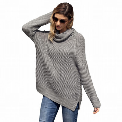 

High neck long sleeve pullover loose sweater casual rib knit sweater womens