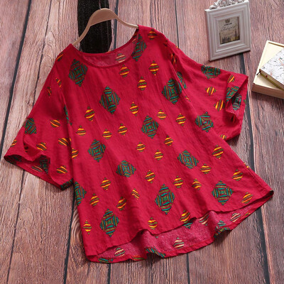 

Starmoon Women Cotton And Linen Loose O-Neck Short Sleeve Print T-Shirt Blouse Tops