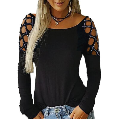 

Women Plus Size T-shirt Solid Color Rhinestone Hollow Out Long Sleeve Sexy Hot Party Wear Tee Tops