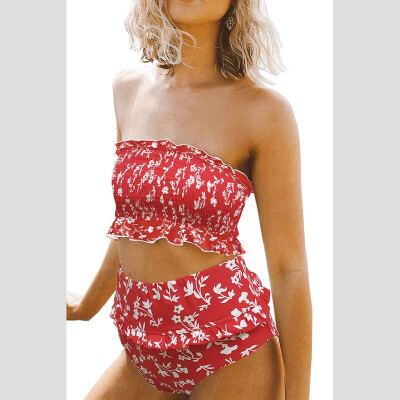 

High-elastic tube top ruffled high-waist two-piece split swimsuit